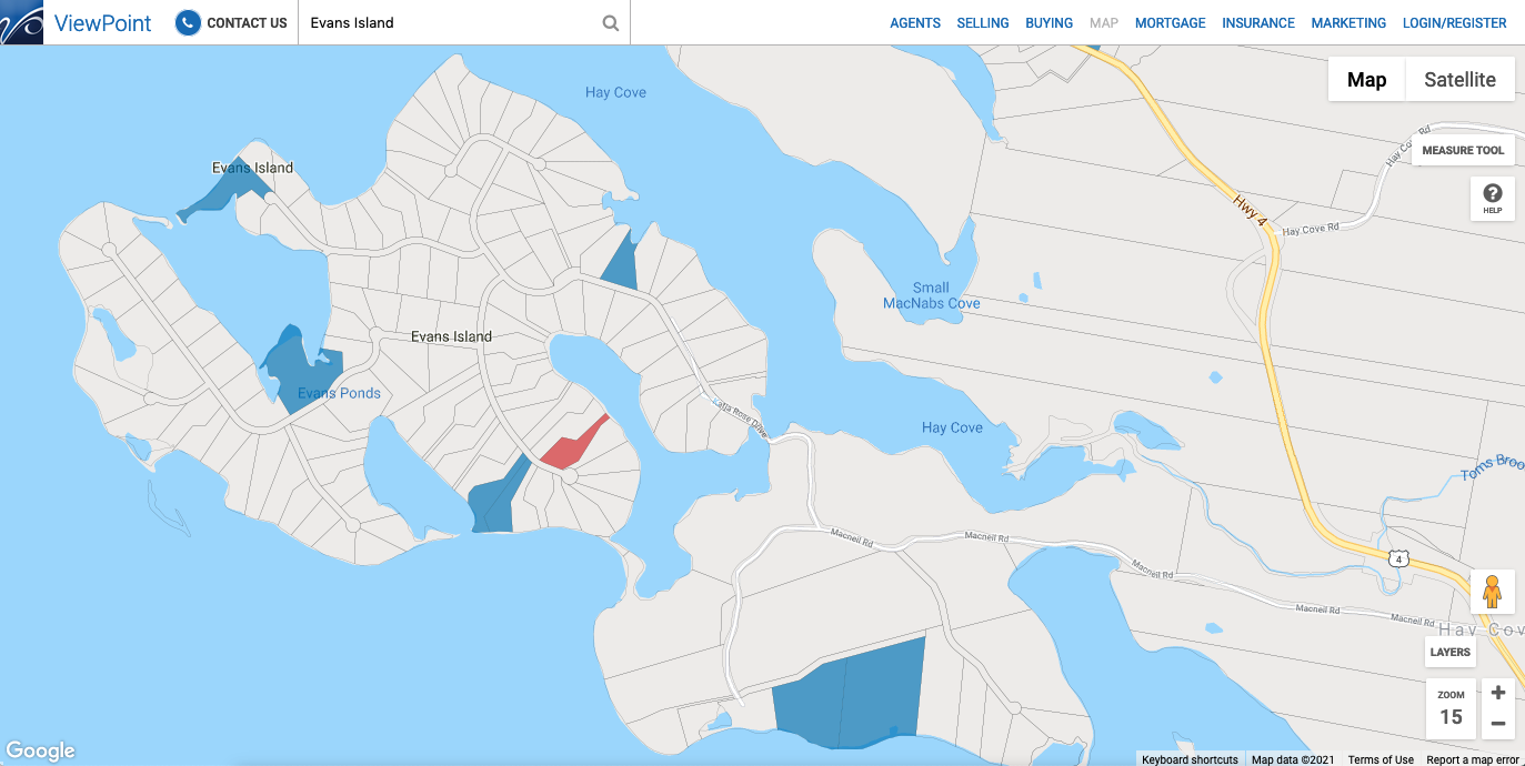 Viewpoint Nova Scotia map of Evans island Screen Shot October 24, 2021 shows the island subdivided into small lots.