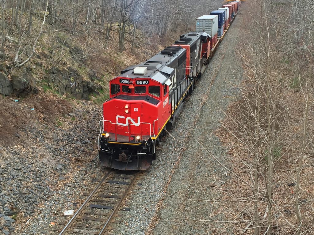 Red CN locomotive pulling a train with double-decked containers along a rail through scrubby wintry vegetation. Credit: Tim Hayman