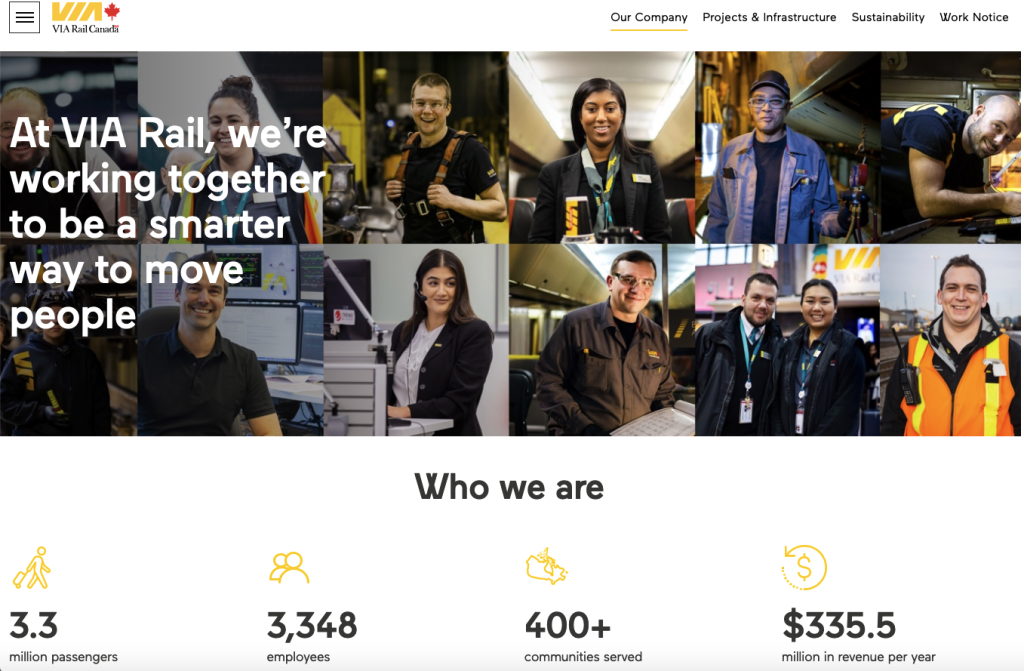 VIA Rail web page with the words "At VIA Rail, we're working together to be a smarter way to move people" and photos of VIA Rail employees in uniforms on trains, and then "Who we are" text below.