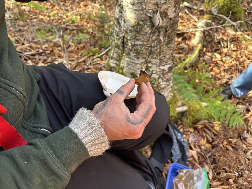 This close-up photo is of a man's hand, tattooed with dark green lines and dots, holding a small brown substance charred at one end, over a large clam shell. In the background, slightly blurry, is the trunk of a birch tree and ferns and a forest floor littered with brown leaves.