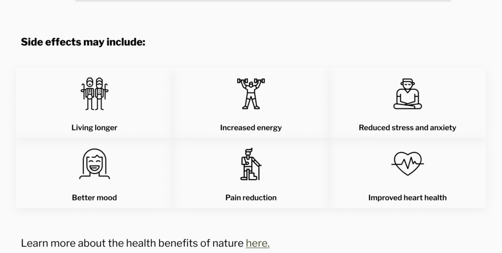 A black-and-white graphic with six squares, headlined "Side effects may include." Each of the squares has a small line drawing to illustrate the words in it. The squares in the six squares are: (1) Living longer (2) Increased energy (3) Reduced stress an anxiety (4) Better mood (5) Pain reduction (6) Improved heath health.