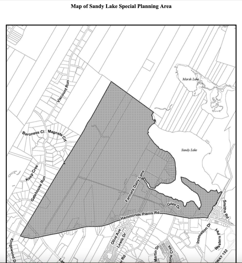 A black and white map of the Houston government's Sandy Lake Special Planning area slated for a housing development shown in grey with dots, Sandy Lake bordering it on the right, and the Sandy Lake Regional Park to the right of the lake not even marked.