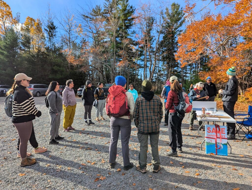 17 people dressed in fall clothing (light jackets, sweatshirts) and footwear for walking (hiking boots, sneakers) stand on a gravel parking lot, around a white portable table, on which clipboards and pencils are placed. A sign reading "SAVE SANDY LAKE" in red font, over a blue lake and a crane in the distance is propped up against the table. The forest surrounding the parking lot is s mixture of hardwoods in orange and yellow fall colours, and the darker green of softwoods, all against a brilliant blue sky.
