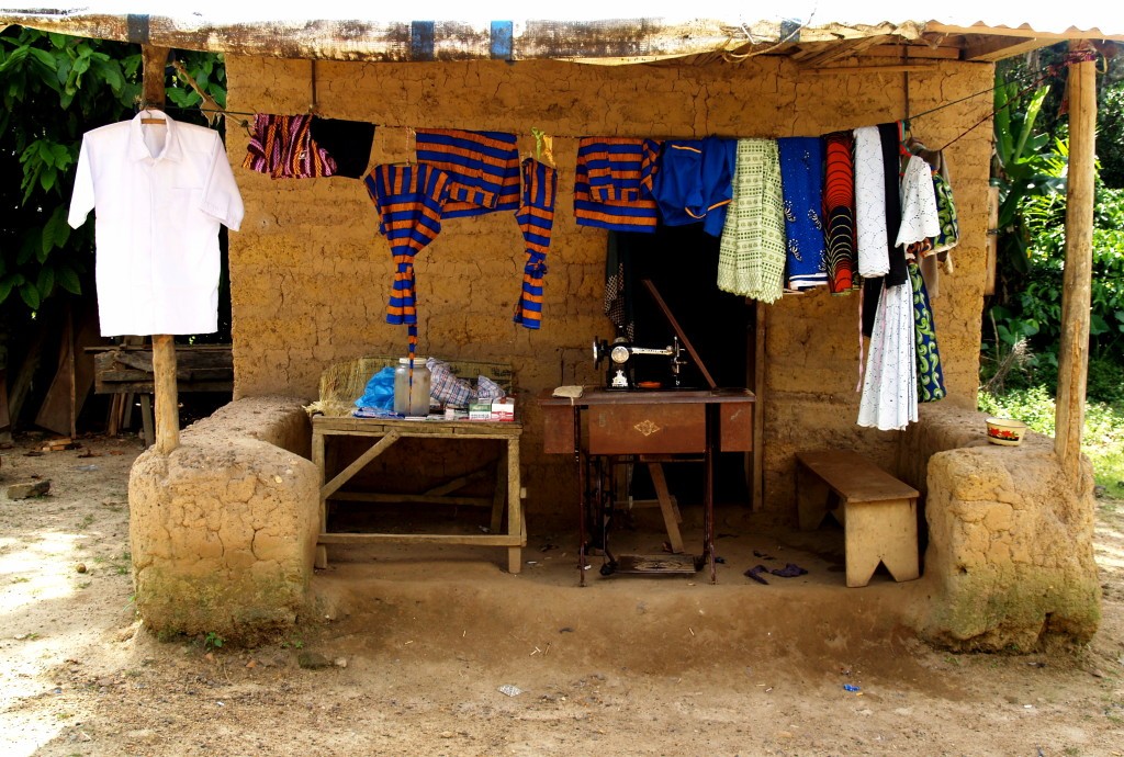 Sandeyah, Kailahun District, village tailor displays his workmanship