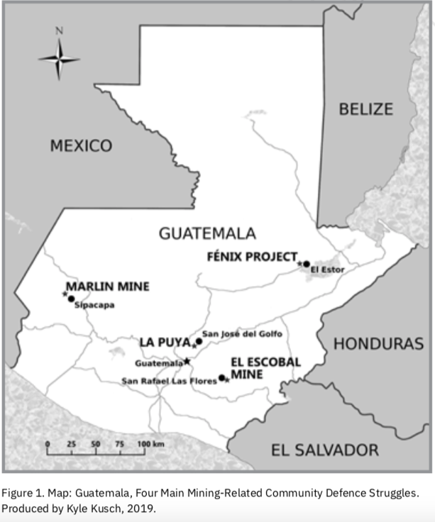 This map from the book "Testimonio" shows the four main mining-related defence struggle areas in Guatemala. It was produced by Kyle Kusch in 2019.