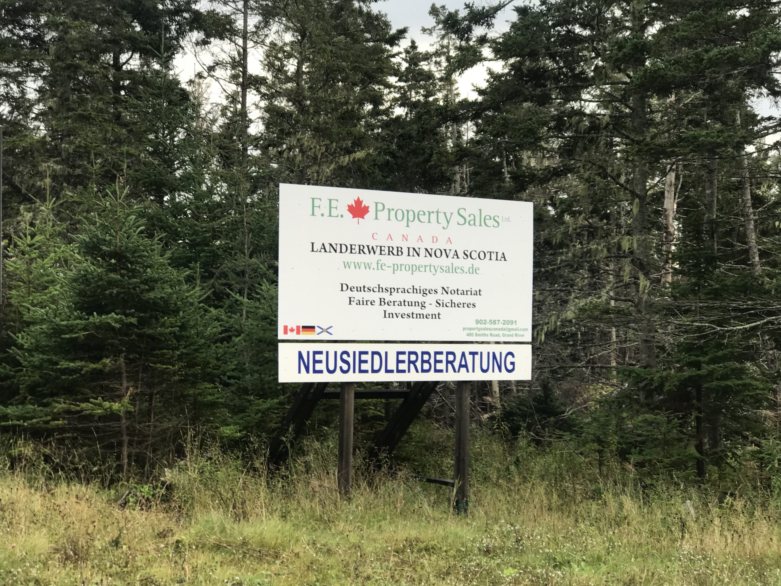 F.E. Properties billboard for “Land Purchases in Nova Scotia” in September 2021. Photo by Joan Baxter